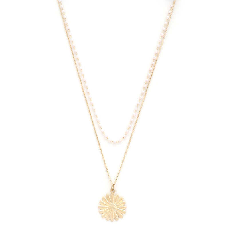 Gold Layered Pearl Sunflower Pendant Necklace