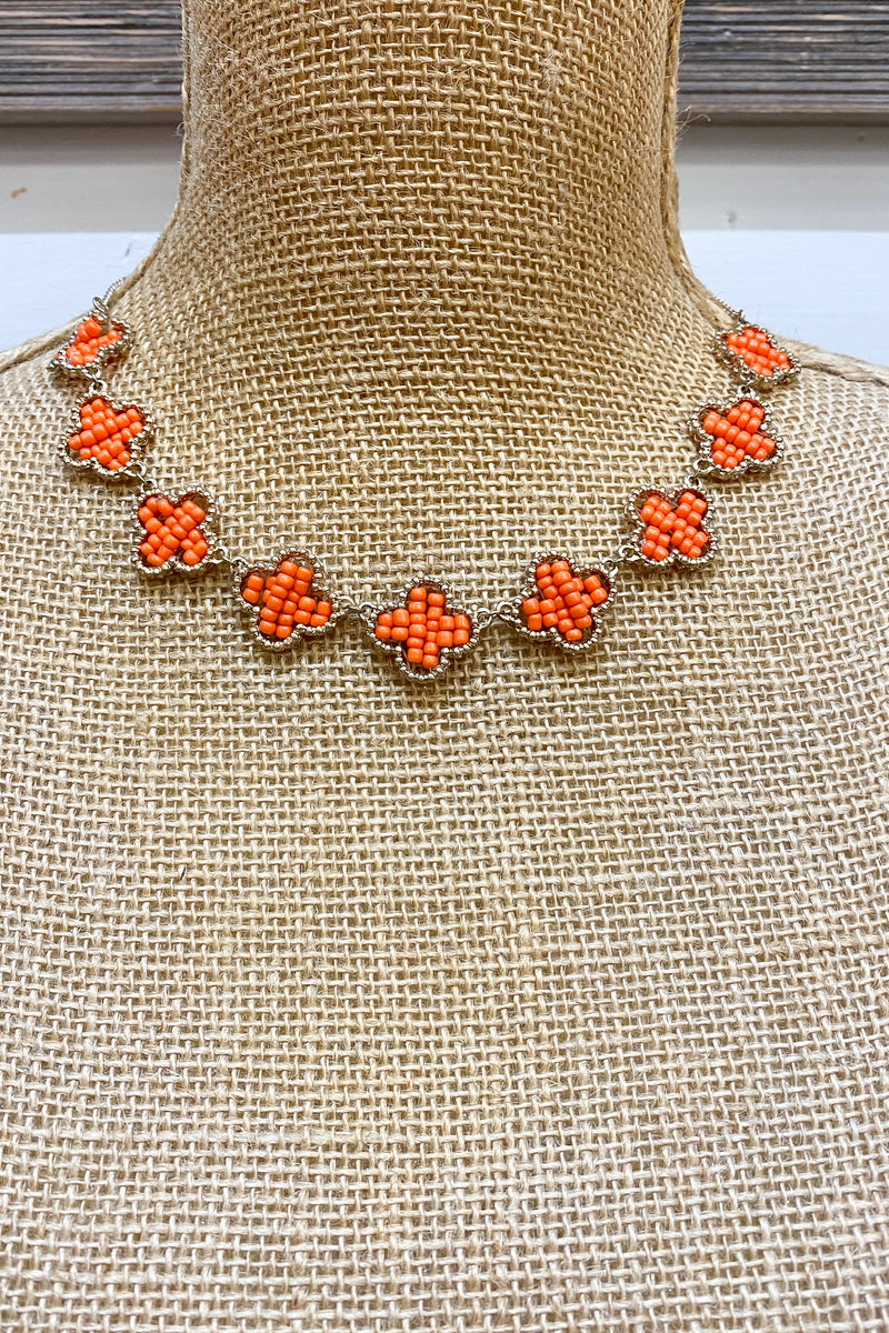 Orange Beaded Clover Necklace