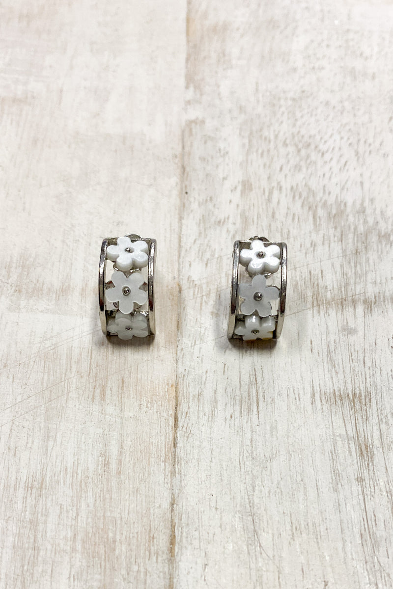 Silver Half Hoop Flower Earrings